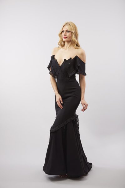 Photo Off-the-Shoulder Crepe Mermaid Evening Gown