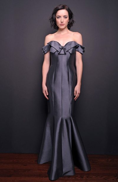 Photo Pleated Off-the-Shoulder Evening Gown