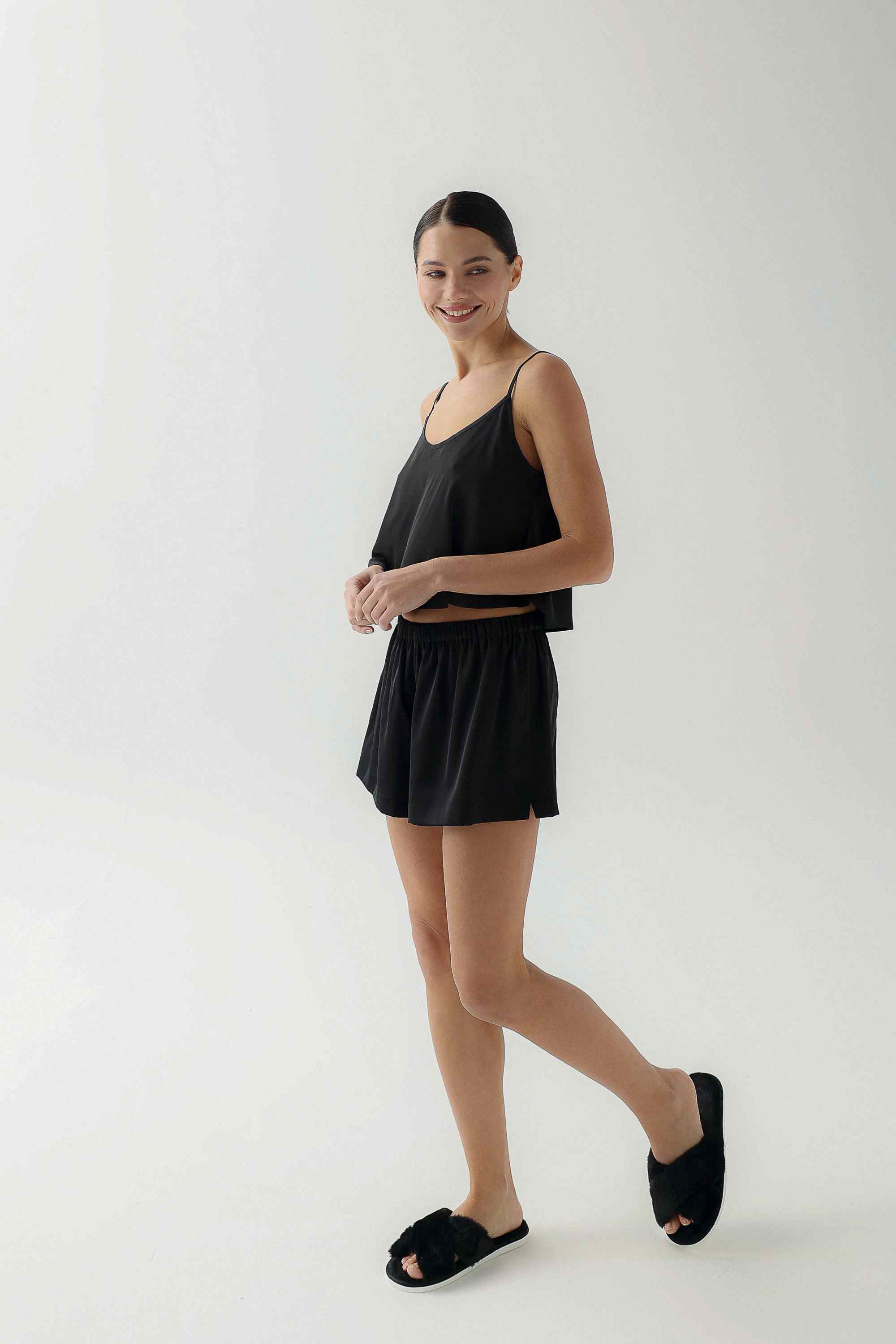 Elegant Black Satin Top and Shorts Set Elegant Black Satin Top and Shorts Set