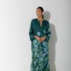 Photo Emerald Green Satin Kaftan Dress with Floral Print