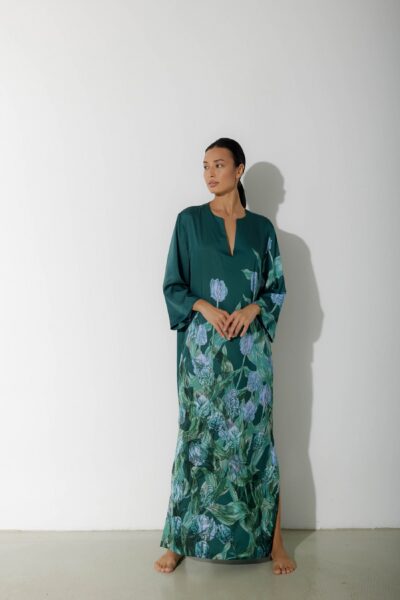 Photo Emerald Green Satin Kaftan Dress with Floral Print