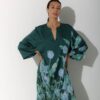 Photo Emerald Green Satin Kaftan Dress with Floral Print