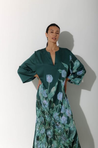 Photo Emerald Green Satin Kaftan Dress with Floral Print