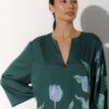 Photo Emerald Green Satin Kaftan Dress with Floral Print
