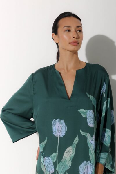 Photo Emerald Green Satin Kaftan Dress with Floral Print