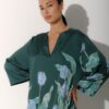 Photo Emerald Green Satin Kaftan Dress with Floral Print