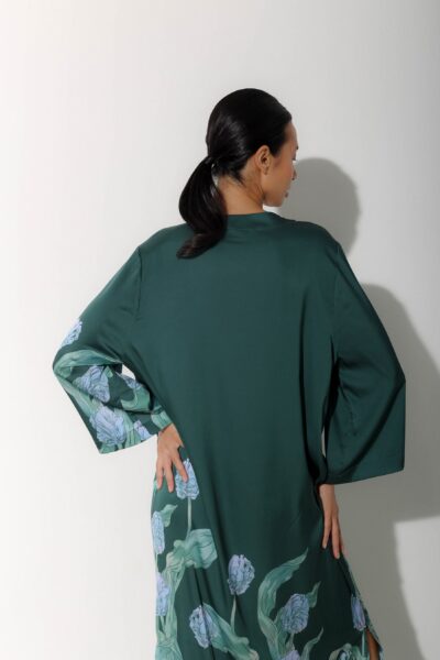 Photo Emerald Green Satin Kaftan Dress with Floral Print