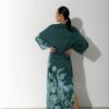 Photo Emerald Green Satin Kaftan Dress with Floral Print