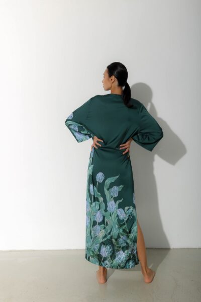 Photo Emerald Green Satin Kaftan Dress with Floral Print