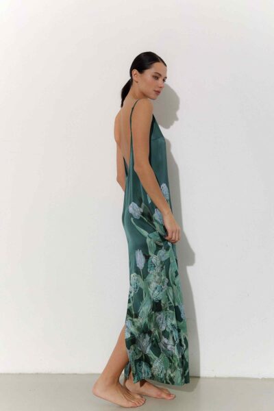 Photo Emerald Green Satin Shirt with Floral Print