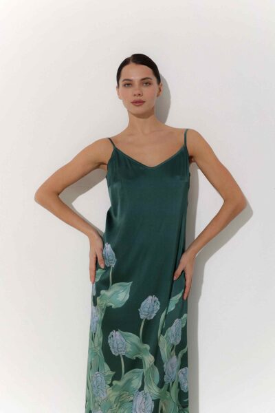 Photo Emerald Green Satin Shirt with Floral Print