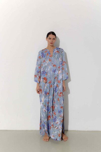 Photo Exquisite Satin Kaftan Dress with Floral Print