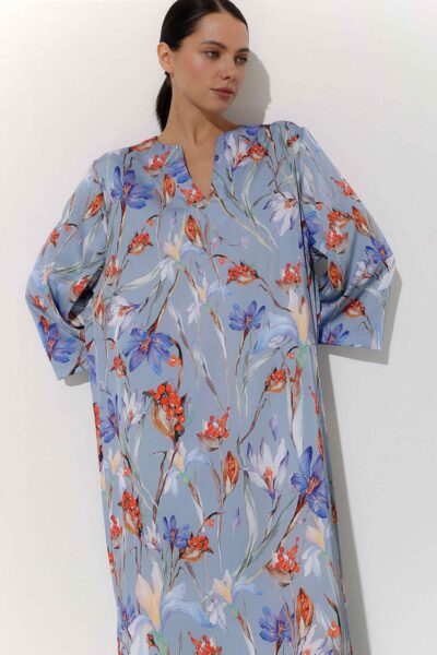 Photo Exquisite Satin Kaftan Dress with Floral Print