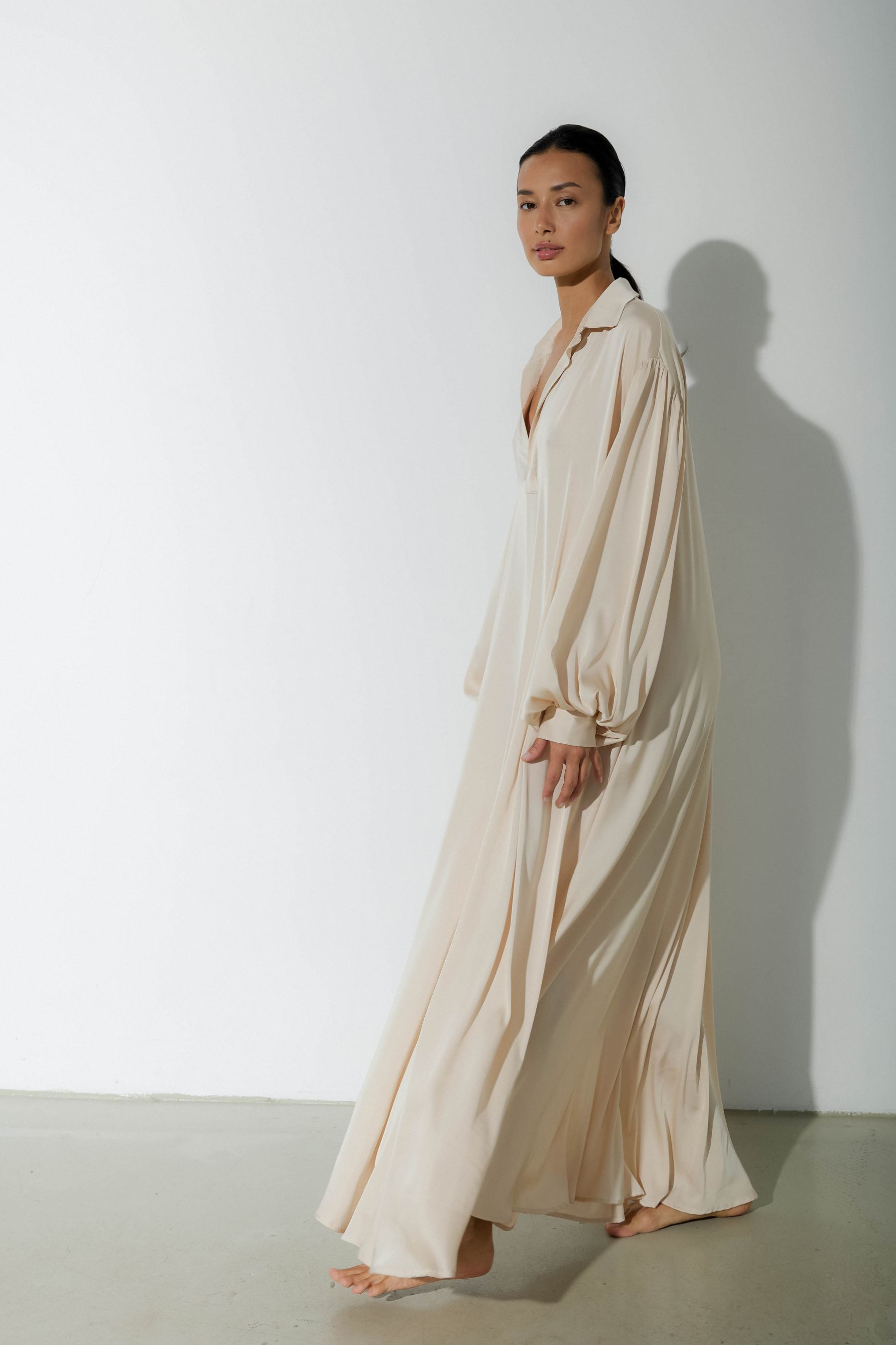 Luxurious Light Beige Satin Shirt Dress