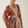 Photo Luxurious Satin Kimono Robe: Orange with Floral Print