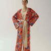 Photo Luxurious Satin Kimono Robe: Orange with Floral Print