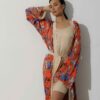 Photo Luxurious Satin Kimono Robe: Orange with Floral Print