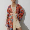Photo Luxurious Satin Kimono Robe: Orange with Floral Print