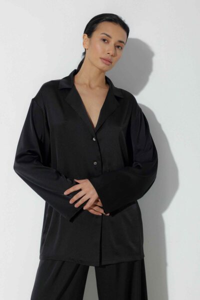 Photo Sophisticated Black Satin Pajama Set