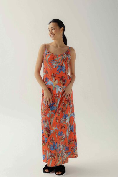 Photo Vibrant Orange Satin Shirt with Floral Print