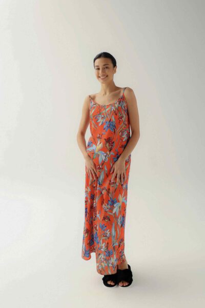 Photo Vibrant Orange Satin Shirt with Floral Print