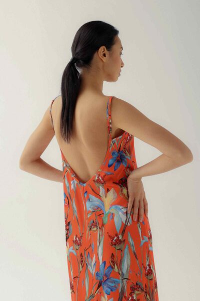 Photo Vibrant Orange Satin Shirt with Floral Print