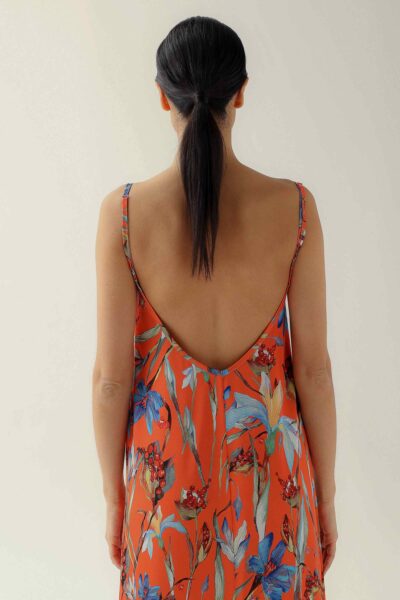 Photo Vibrant Orange Satin Shirt with Floral Print