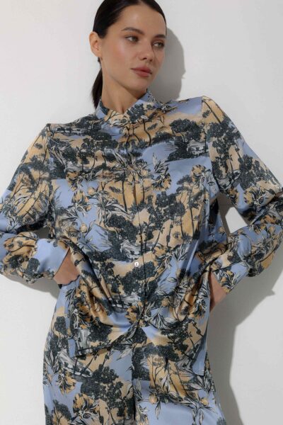 Photo Blue Silk Pajama Set with Exclusive Print