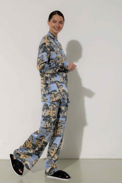 Photo Blue Silk Pajama Set with Exclusive Print