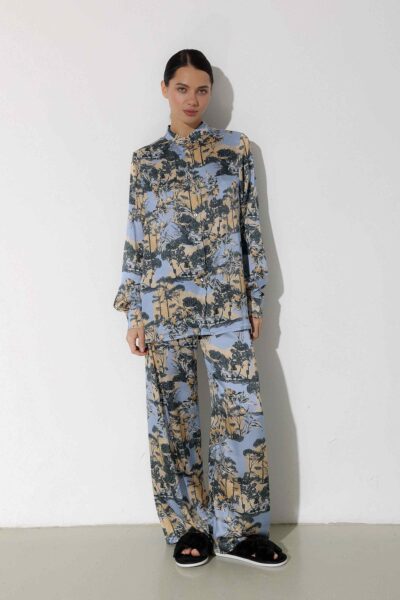 Photo Blue Silk Pajama Set with Exclusive Print