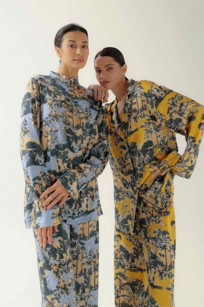 Photo Blue Silk Pajama Set with Exclusive Print