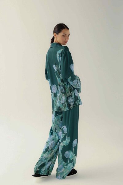 Photo Dark Green Silk Pajama Set - Shirt and Pants