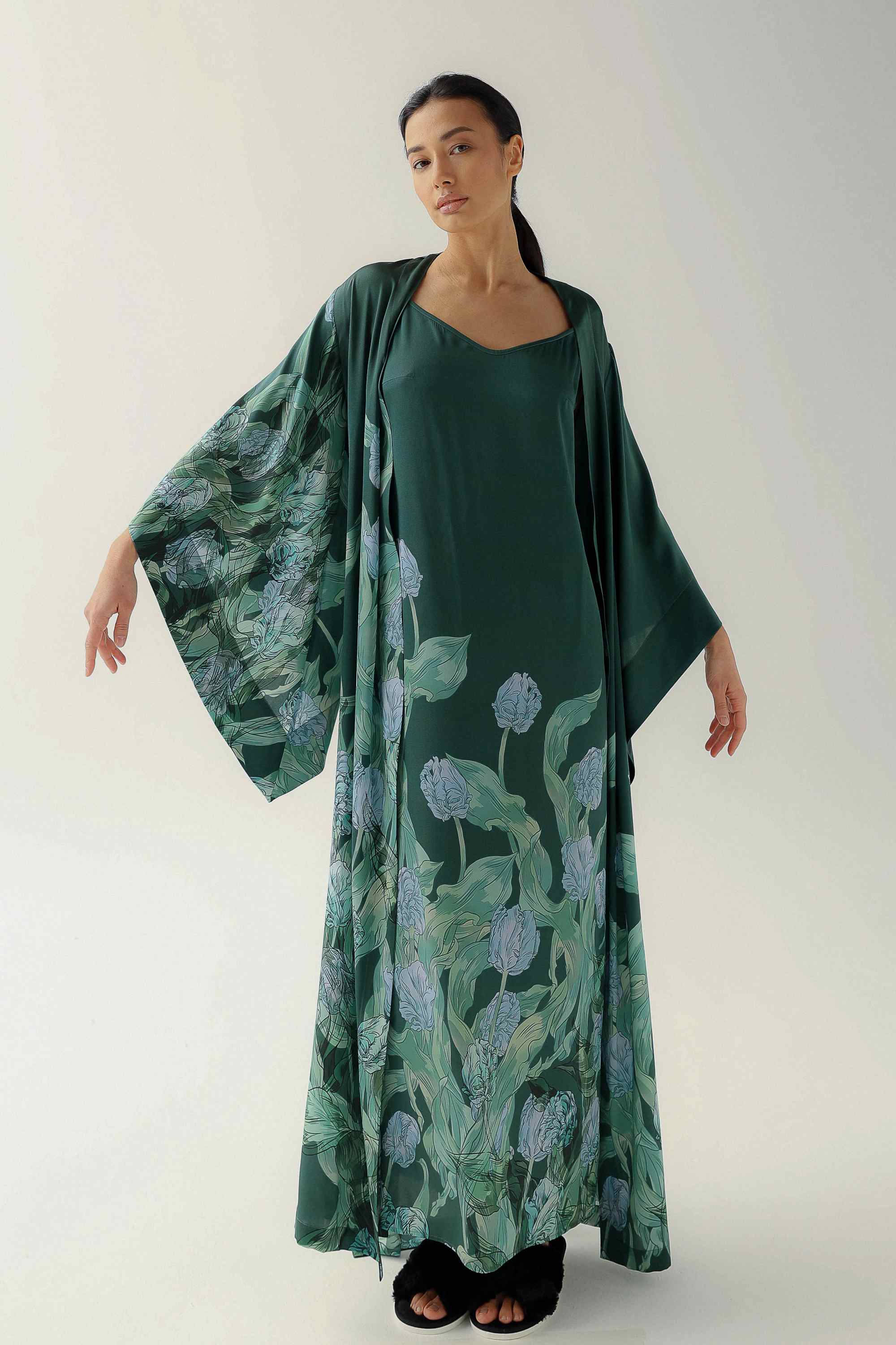 emerald green kimono dress Emerald Green Ice Satin Kimono Robe Dress, Wide Sleeve, Elegant Evening Outfit