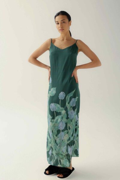 Photo Emerald Green Silk Shirt with Floral Print