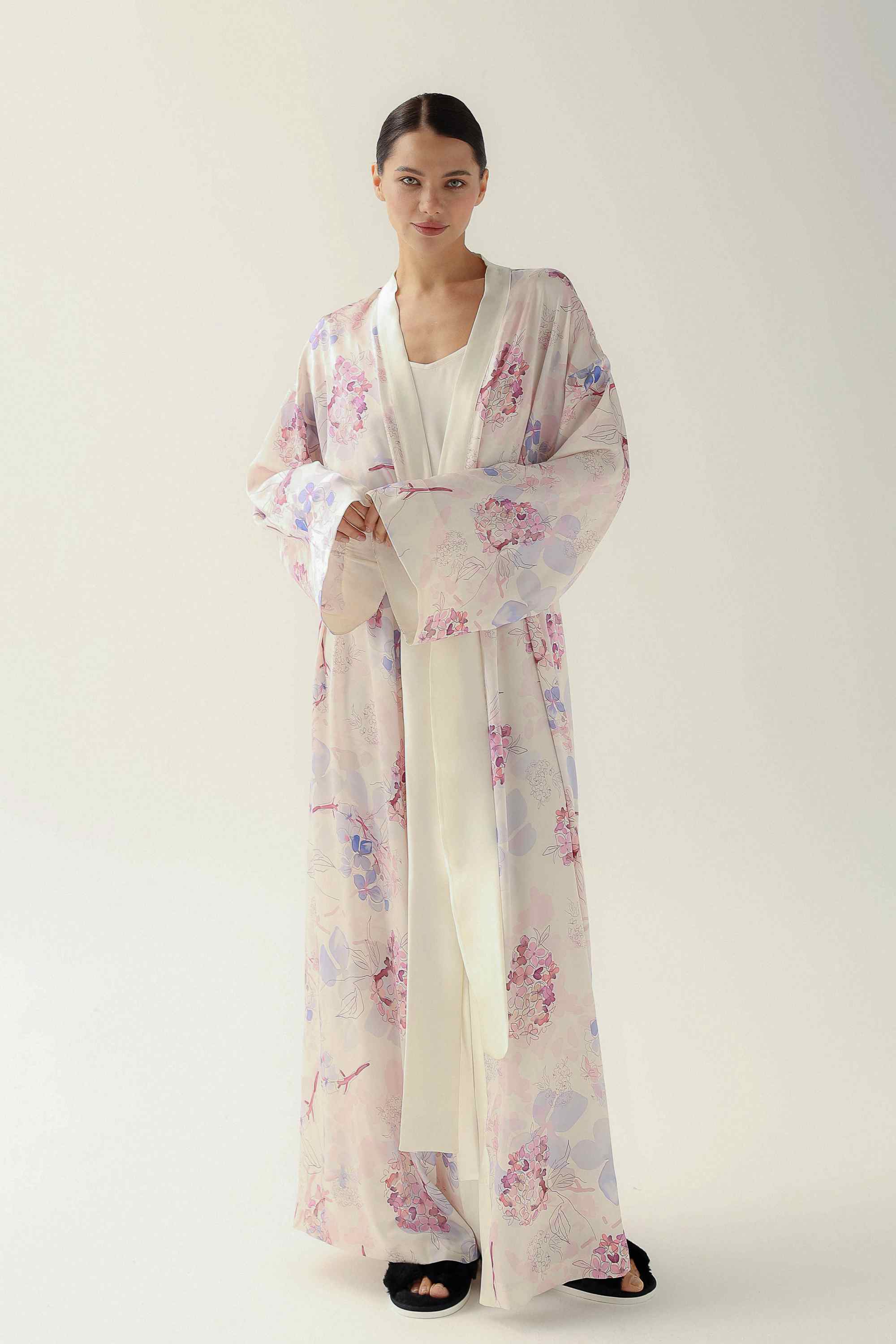Stretch Satin Kimono Robe with Velvety Flocked Mesh Accents