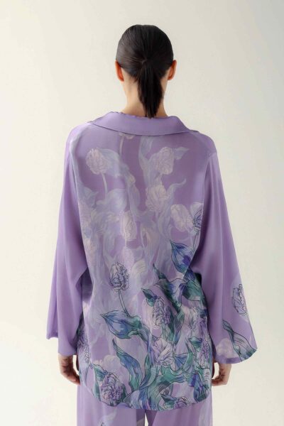 Photo Lilac Silk Pajama Set with Floral Print
