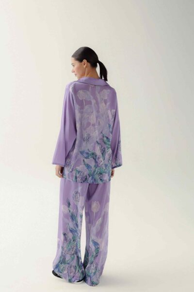 Photo Lilac Silk Pajama Set with Floral Print