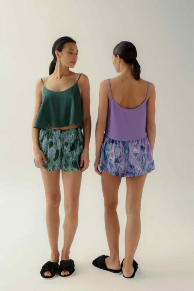 Photo Versatile Green Silk Top and Shorts Set